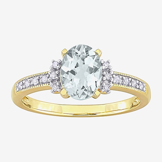 Womens Diamond Accent Genuine Blue Aquamarine 18K Gold Over Silver Oval Cocktail Ring