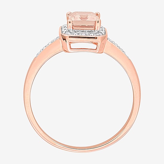 Womens Diamond Accent Genuine Pink Morganite 18K Rose Gold Over Silver Halo Cocktail Ring