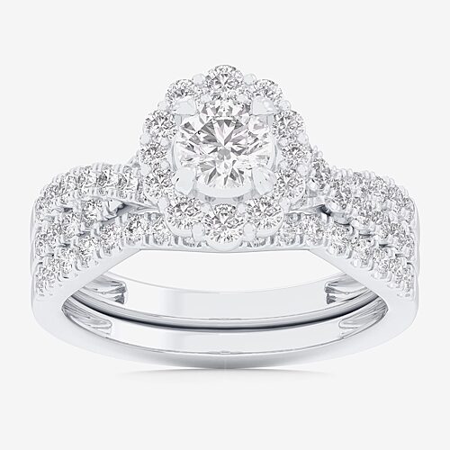 Signature By Modern Bride (G-H / Si1-Si2) Womens 1 1/3 CT. T.W. Lab Grown White Diamond 10K Gold Round Side Stone Halo Bridal Set, 9, White