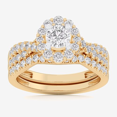 Signature By Modern Bride (G-H / Si1-Si2) Womens 1 1/3 CT. T.W. Lab Grown White Diamond 10K Gold Round Side Stone Halo Bridal Set, 9, Yellow