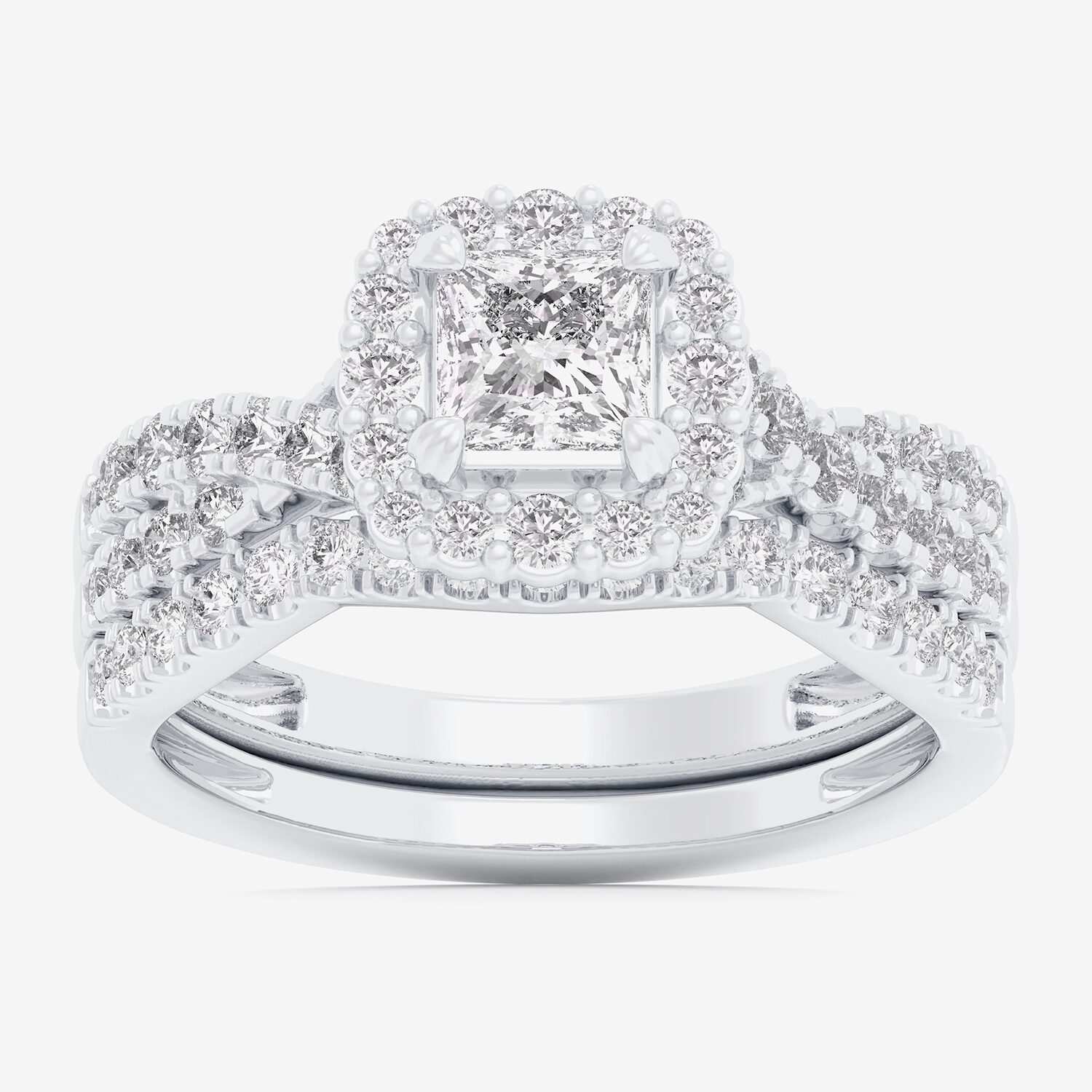 (G-H / Si1-Si2) Womens 1 1/3 CT. T.W. Lab Grown White Diamond 10K Gold Cushion Side Stone Halo Bridal Set