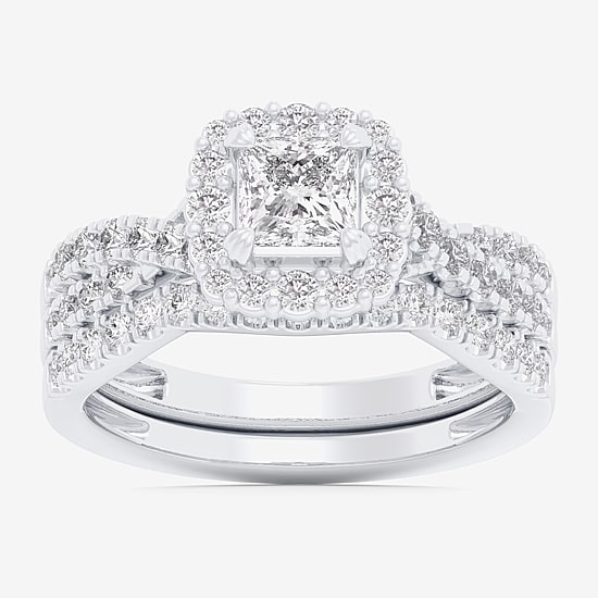 (G-H / Si1-Si2) Womens 1 1/3 CT. T.W. Lab Grown White Diamond 10K Gold Cushion Side Stone Halo Bridal Set