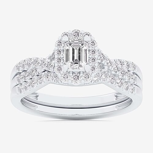 Signature By Modern Bride (G-H / Si1-Si2) Womens 7/8 CT. T.W. Lab Grown White Diamond 10K Gold Side Stone Halo Bridal Set, 9, White
