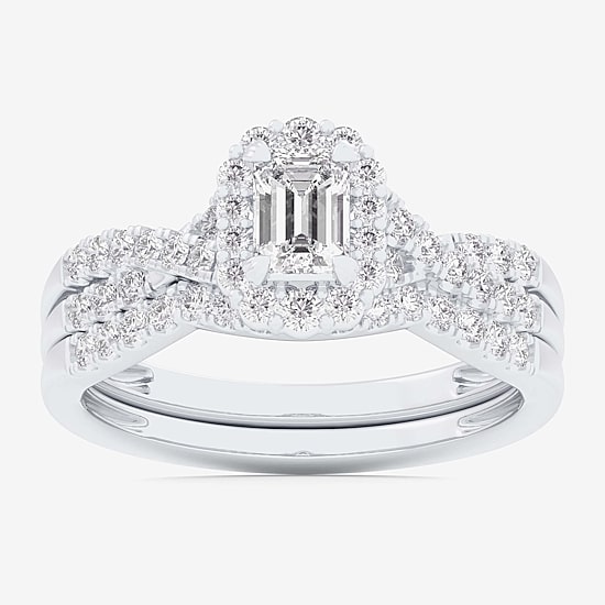 Signature By Modern Bride (G-H / Si1-Si2) Womens 7/8 CT. T.W. Lab Grown White Diamond 10K Gold Side Stone Halo Bridal Set