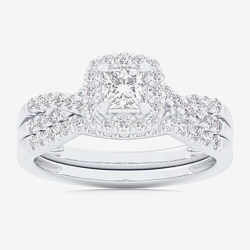 Signature By Modern Bride (G-H / Si1-Si2) Womens 7/8 CT. T.W. Lab Grown White Diamond 10K Gold Cushion Side Stone Halo Bridal Set, 9, White