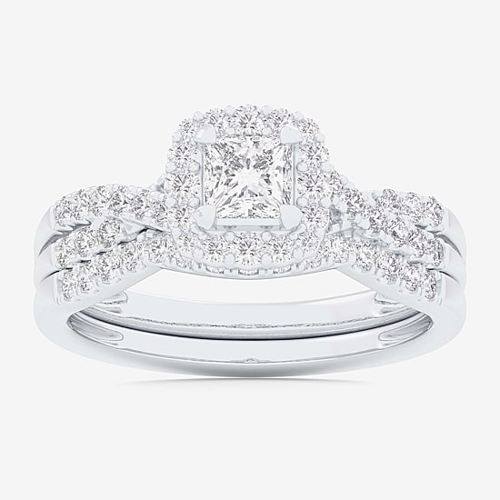 Signature By Modern Bride (G-H / Si1-Si2) Womens 7/8 CT. T.W. Lab Grown White Diamond 10K Gold Cushion Side Stone Halo Bridal Set