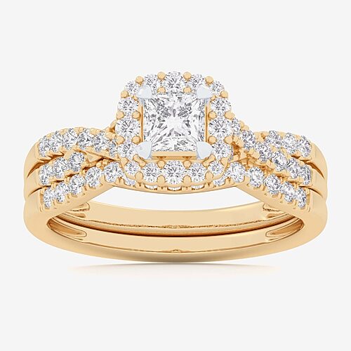 Signature By Modern Bride (G-H / Si1-Si2) Womens 7/8 CT. T.W. Lab Grown White Diamond 10K Gold Cushion Side Stone Halo Bridal Set, 9, Yellow