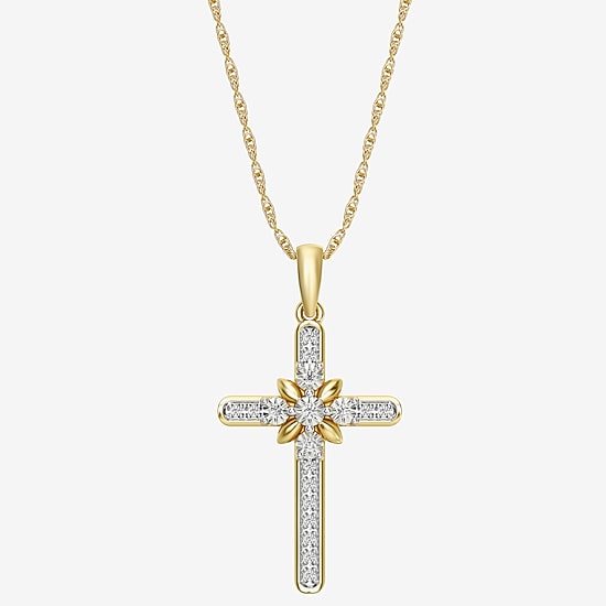 Yes, Please!, (G/I2) Womens 1/10 CT. T.W. Lab Grown White Diamond 14K Gold Over Silver Cross 18 Inch Pendant Necklace