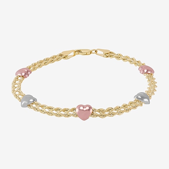 Womens 10K Tri-Color Gold 7.5 Inch Hollow Rope Chain Bracelet