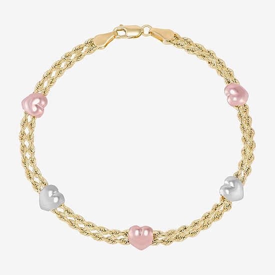 Womens 10K Tri-Color Gold 7.5 Inch Hollow Rope Chain Bracelet