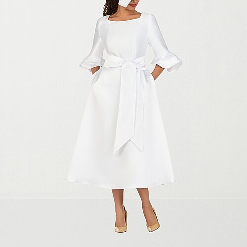 Giovanna Signature Womens Plus Midi Square Neck 3/4 Sleeve Ruffled Fit + Flare Dress, 22w, White