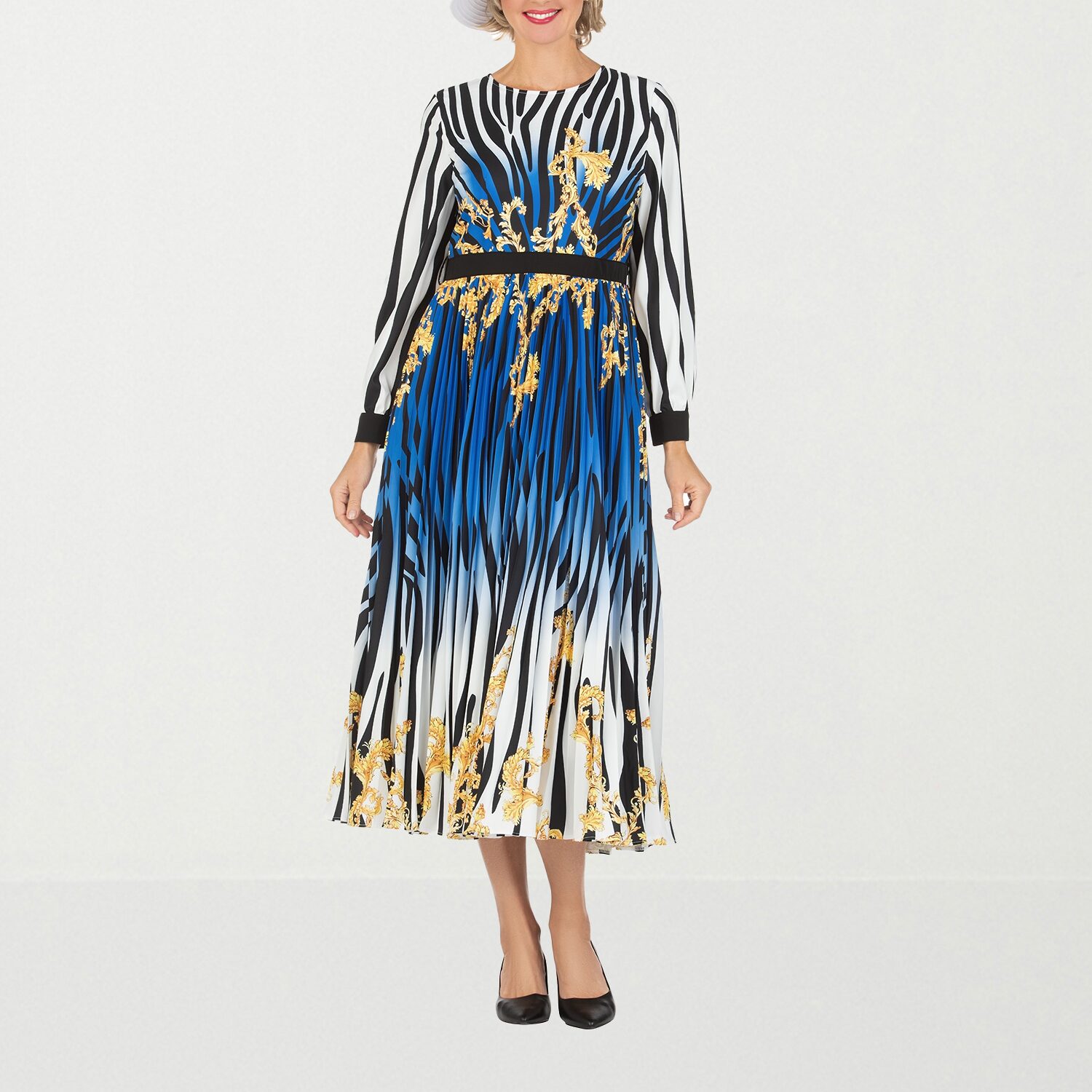 Giovanna Signature Womens Plus Midi Crew Neck Long Sleeve Cuffed Abstract Fit + Flare Dress