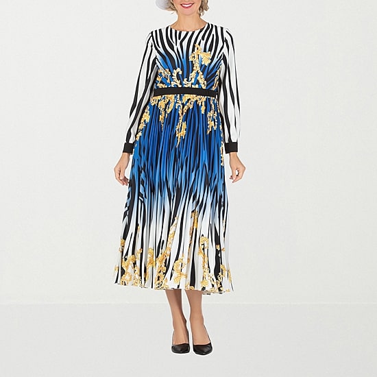 Giovanna Signature Womens Plus Midi Crew Neck Long Sleeve Cuffed Chiffon Abstract Fit + Flare Dress
