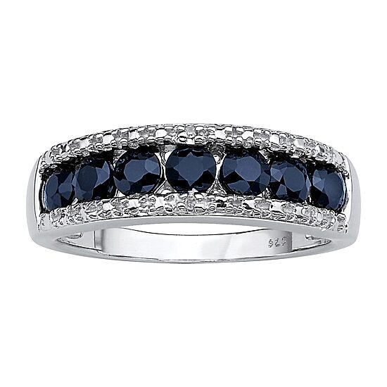 Womens 2MM Diamond Accent Genuine Blue Sapphire Platinum Over Silver Band