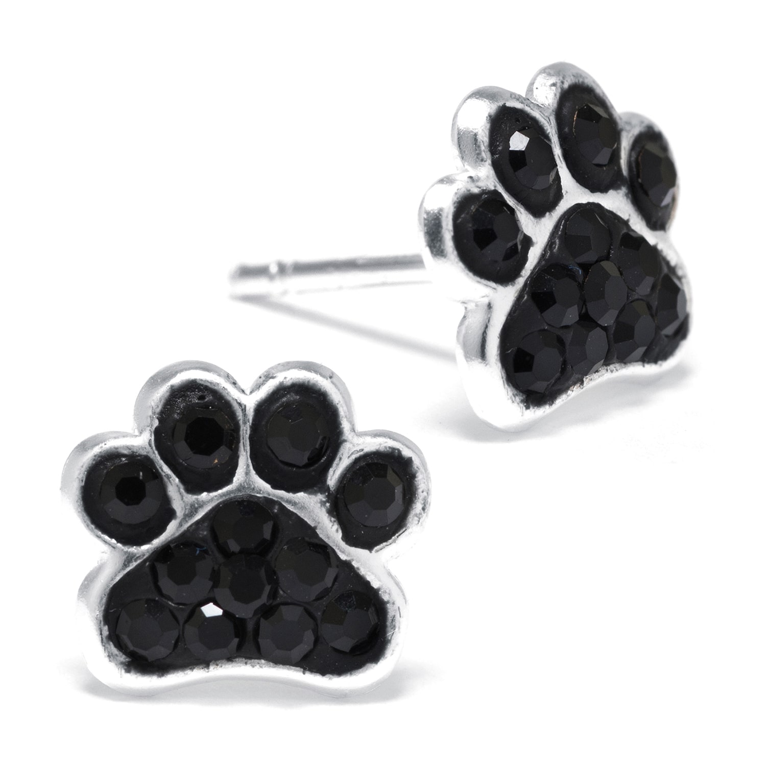 Silver Treasures Paw Print Black Crystal Stud Earrings