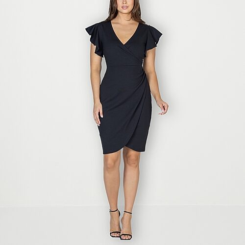 24seven Comfort Apparel Womens Short Sleeve Wrap Dress, Small, Black