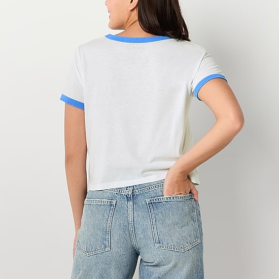 Womens Juniors Round Neck Short Sleeve Regular Fit Graphic T-Shirt