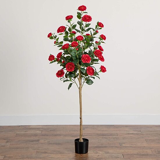 Nearly Natural 5ft. Red Camellia Rose Indoor Artificial Tree