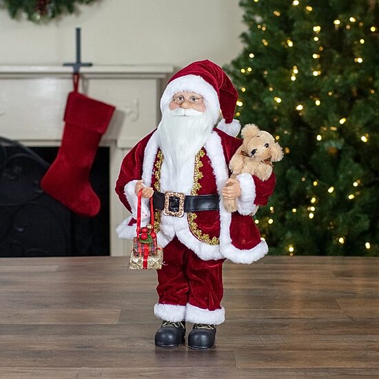 Northlight 18" Standing Santa With A Plush Brown Bear Christmas Figurine