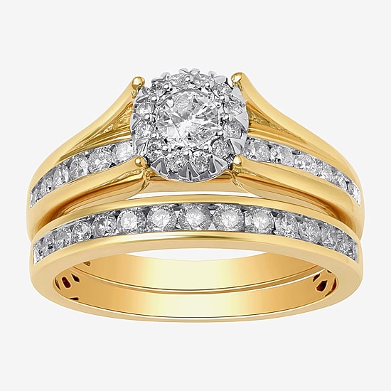 Womens 1 CT. T.W. Natural White Diamond 14K Gold Round Side Stone Halo Bridal Set