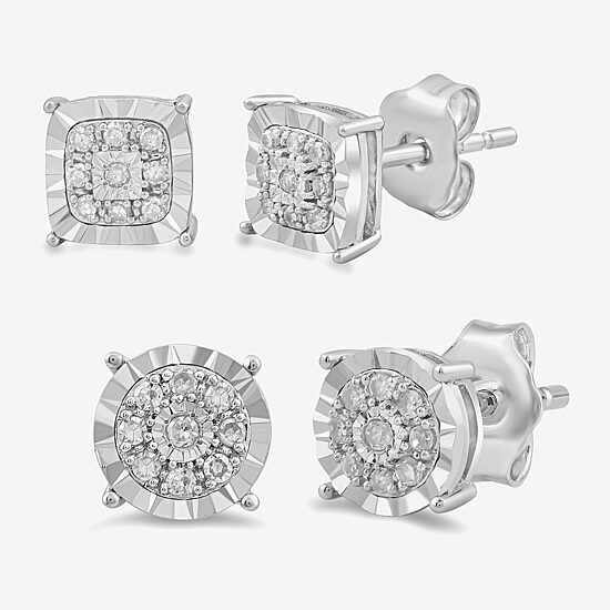 (H-I / I2-I3) Womens 1/5 CT. Lab Grown White Diamond Sterling Silver Round 2 Pair Earring Set