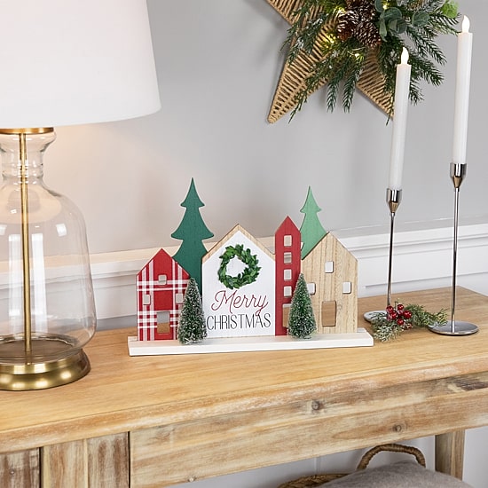 Northlight 15" Wooden "Merry Christmas" Houses With Marquee Lights