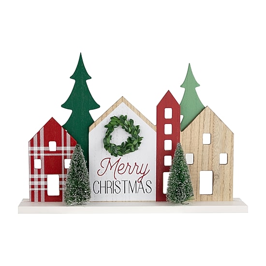 Northlight 15" Wooden "Merry Christmas" Houses With Marquee Lights