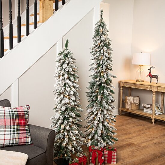 Northlight 5ft Prelit Pencil Flocked Alpine Artificial Clear Lights 5 Foot Flocked Pine Christmas Tree