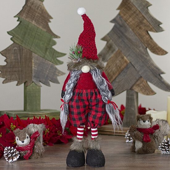 Northlight 17" Buffalo Plaid Girl Gnome With Pigtails Christmas Gnome