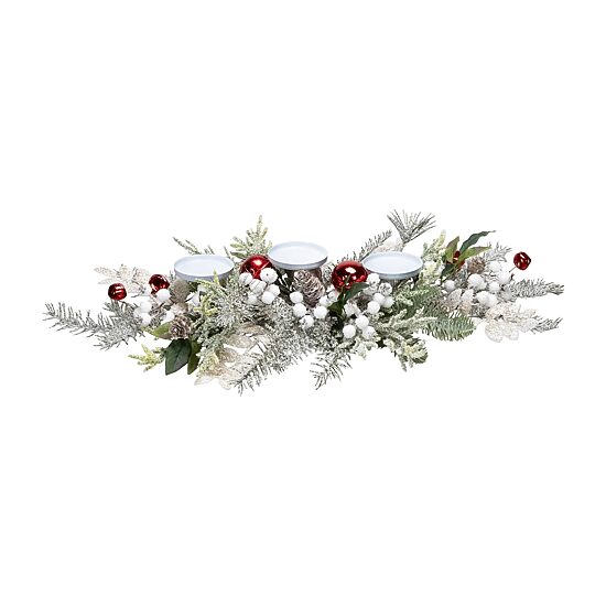 Northlight 28" Frosted Winter Greenery And Jingle Bells Pillar Candle Holder