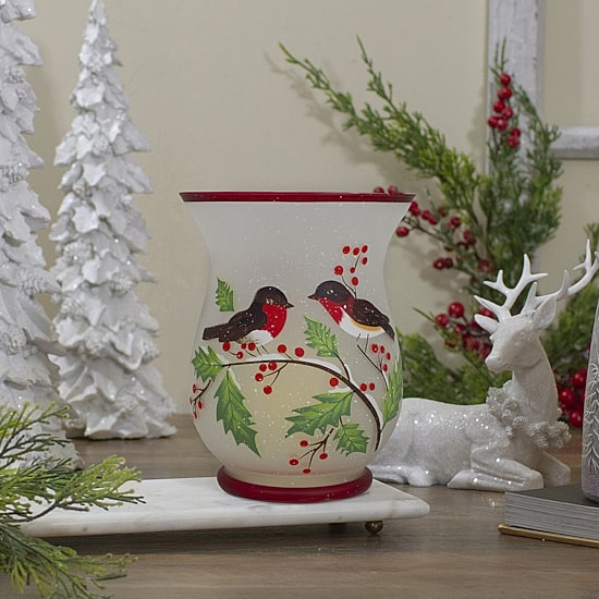 Northlight 8" Hand Painted Finches And Pine Glass Candle Holder