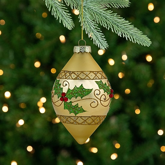 Northlight 5" Golden Glitter Holly Finial Glass Christmas Ornament