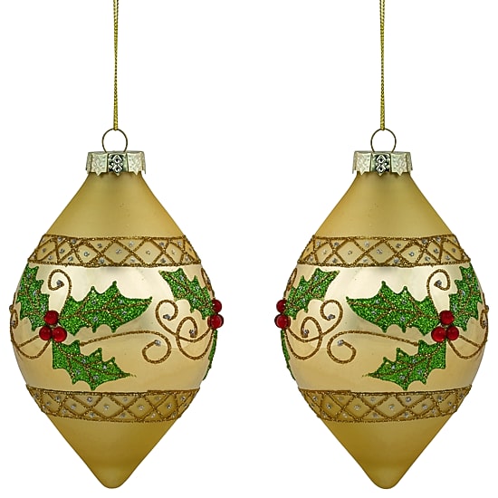 Northlight 5" Golden Glitter Holly Finial Glass Christmas Ornament
