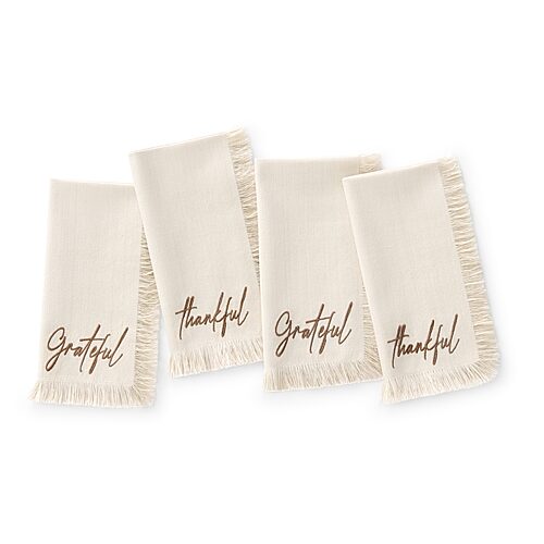 Elrene Fringed Harvest Sentiment Cotton Napkins, Set of 4 - Natural