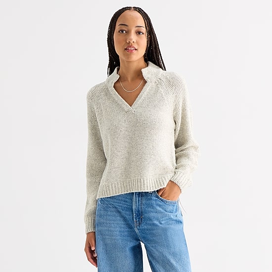 A.N.A Womens Split Crew Neck Long Sleeve Striped Pullover Sweater