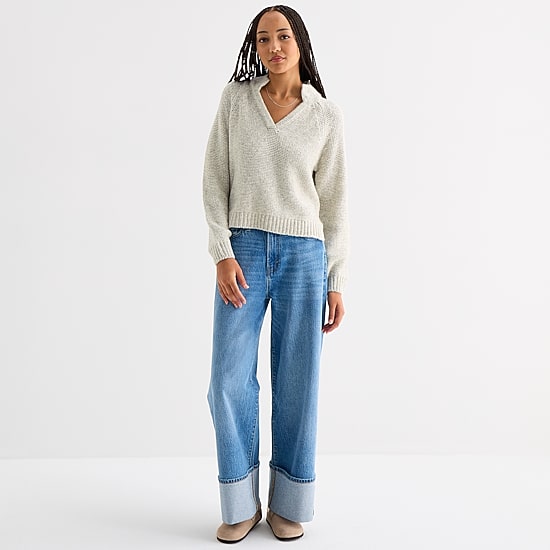 A.N.A Womens Split Crew Neck Long Sleeve Striped Pullover Sweater