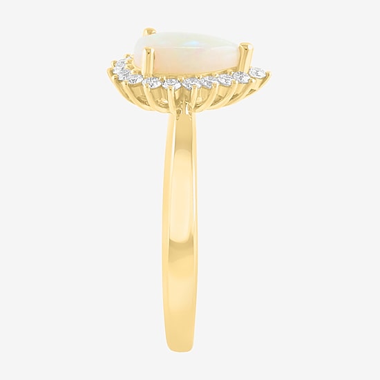 Effy Final Call Limited Quantities! Womens 1/5 CT. Genuine White Opal 14K Gold Pear Halo Cocktail Ring