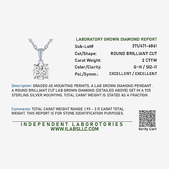 G-H/ Si1-Si2 Womens 2 CT. Lab Grown White Diamond Sterling Silver Round 18 Inch Pendant Necklace