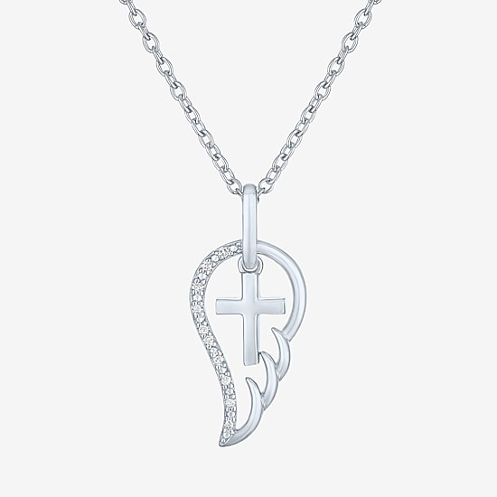 Diamond Accent Wings (G-H,Si2-I1) Womens Diamond Accent Lab Grown White Diamond Accent Sterling Silver Cross Wing 16 Inch Pendant Necklace