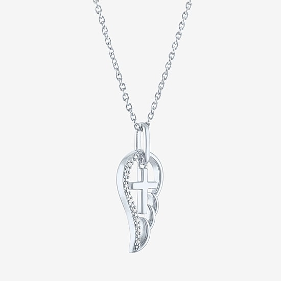 Diamond Accent Wings (G-H,Si2-I1) Womens Diamond Accent Lab Grown White Diamond Accent Sterling Silver Cross Wing 16 Inch Pendant Necklace