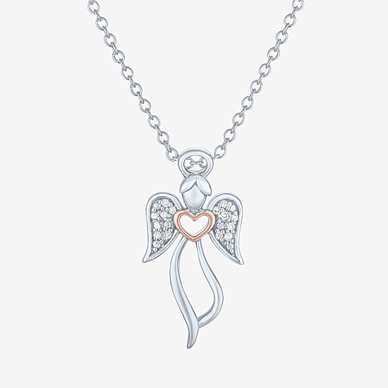 Angel (G-H, Si2-I1) Womens Diamond Accent Lab Grown White Diamond Accent 14K Two Tone Gold Over Silver Sterling Silver Angel Heart 16 Inch Pendant Necklace