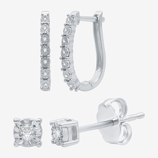 YES, PLEASE! 1/10 CT.T.W. Natural Diamond Hoop and Stud Earring Set in Sterling Silver