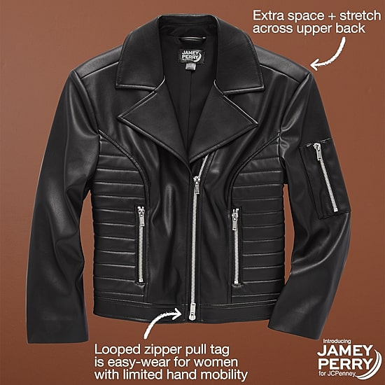 Jamey Perry x JCPenney Womens Adaptive Faux Leather Moto Jacket
