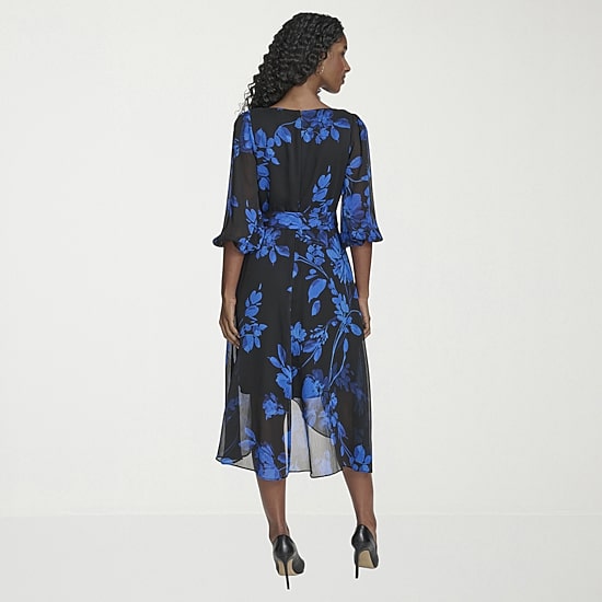 Marc New York Womens Midi V Neck 3/4 Sleeve Balloon Fit + Flare Dress