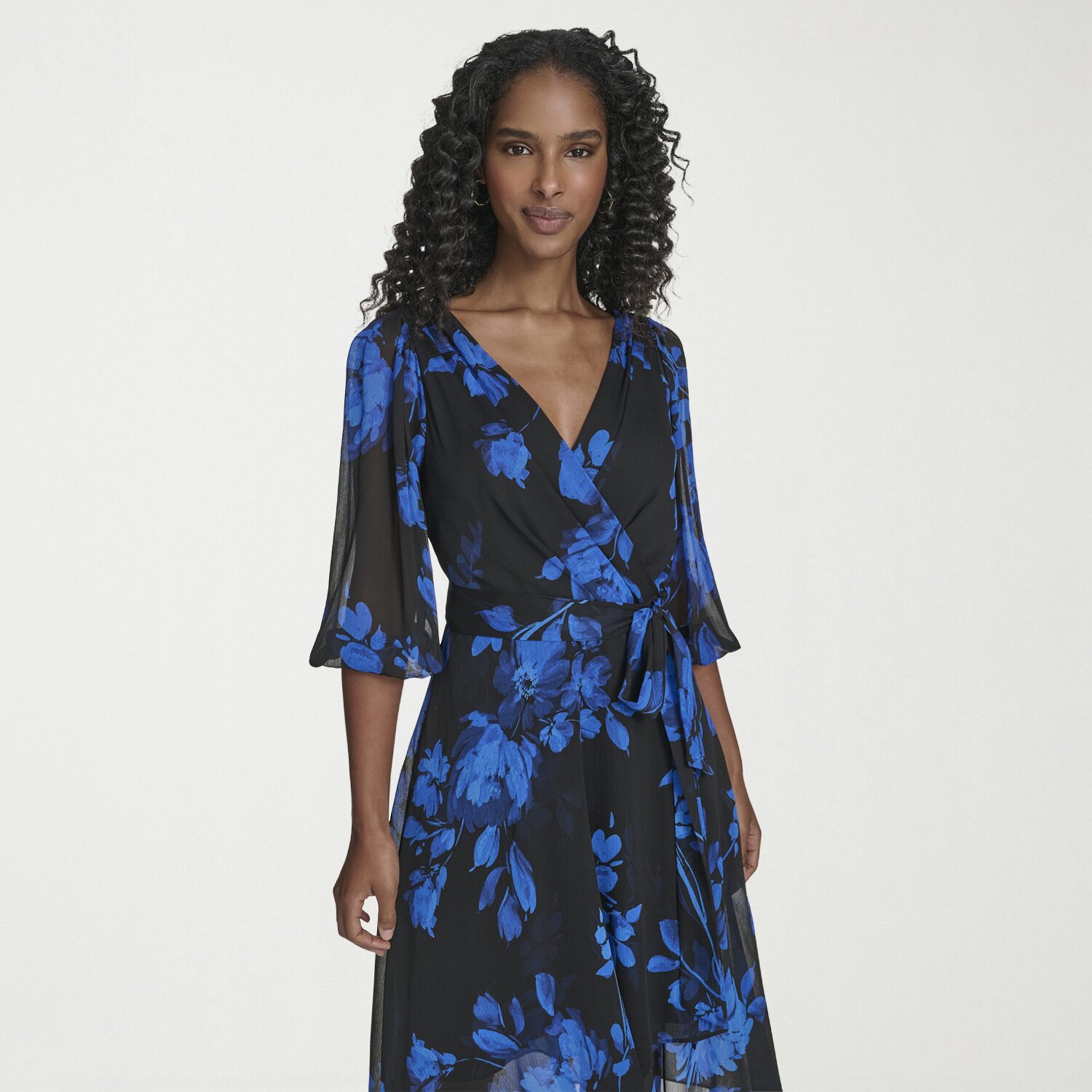 Marc New York Womens Midi V Neck 3/4 Sleeve Balloon Fit + Flare Dress