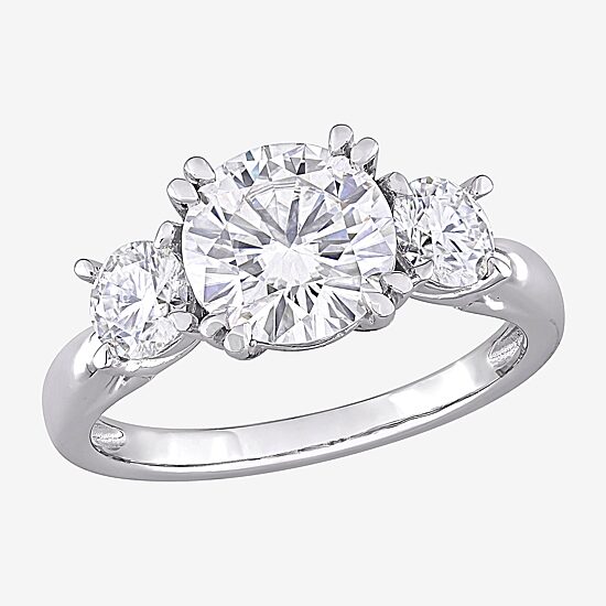 Womens Lab Created White Moissanite 10K Gold 3-Stone Engagement Ring