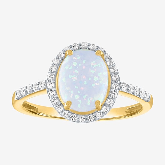 Womens Lab Created White Opal 10K Gold Cocktail Ring