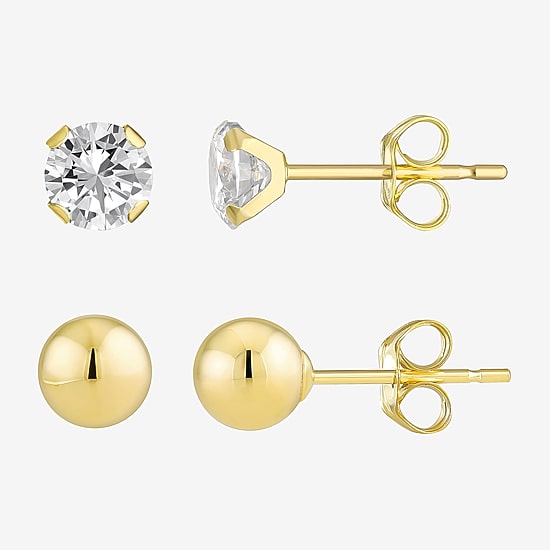 10K Yellow Gold Ball & Cubic Zirconia Stud Earring Set