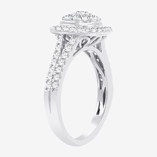 (H-I / I1) Womens 1 CT. T.W. Lab Grown White Diamond 10K or 14K Gold Cushion Side Stone Halo Engagement Ring