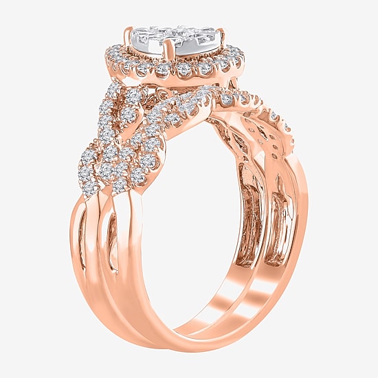 Signature By Modern Bride 1 CT.T.W. Natural Diamond Pear Shape Side Stone Halo Bridal Set in 10K or 14K Gold